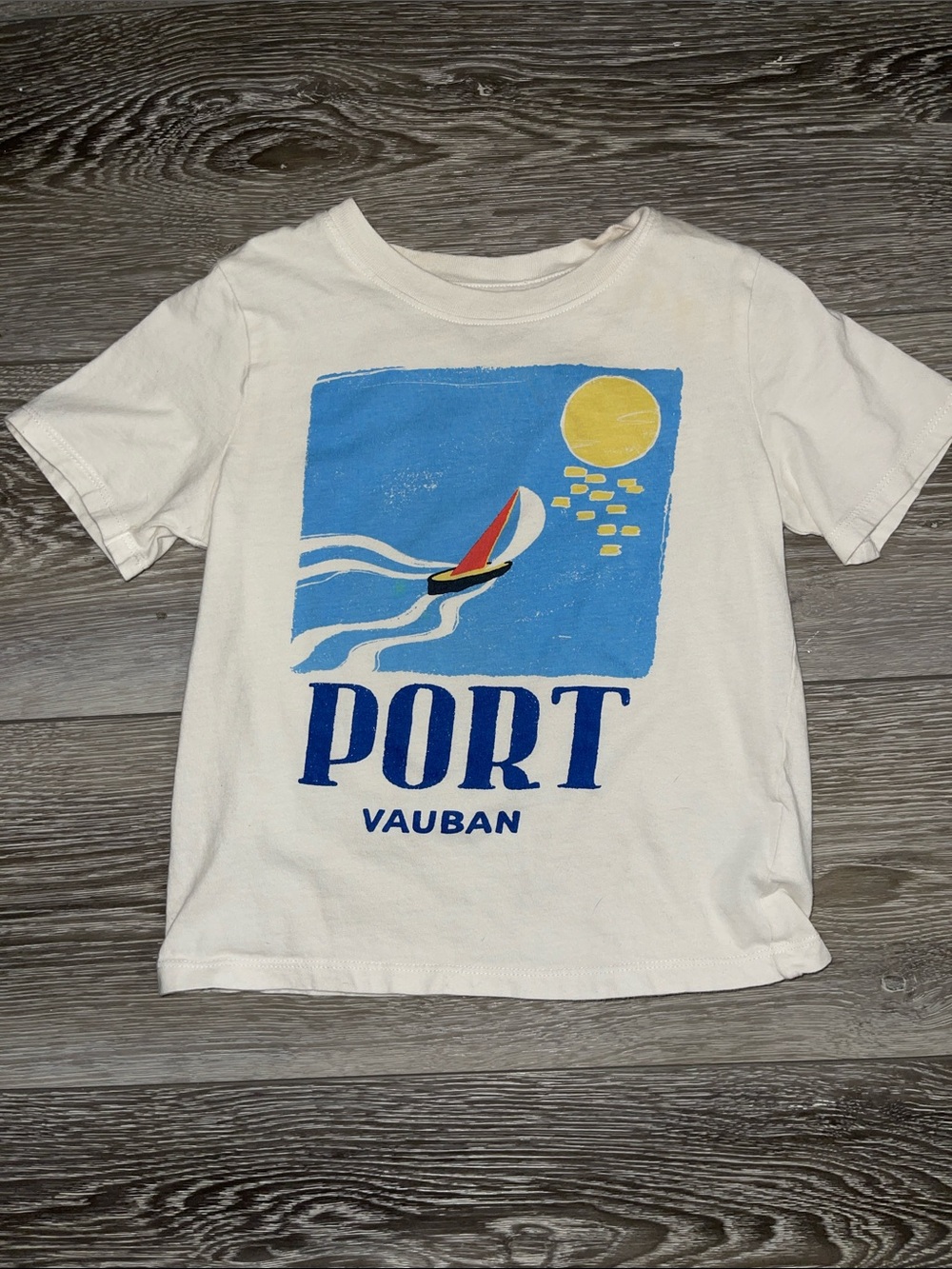 H&M White Tee with Blue, Yellow & Red Sailboat Graphic